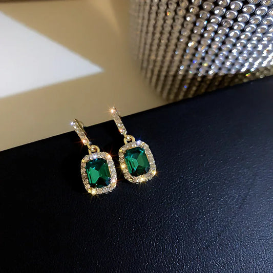 Green Zircon Flower Geometric Earrings Versatile Luxury Sensation French Vintage Style Four-sided Oval Shaped Women's Jewelry