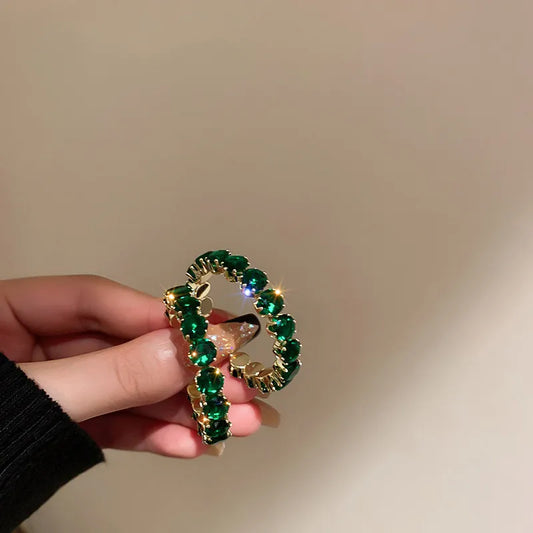 Green Zircon Flower Geometric Earrings Versatile Luxury Sensation French Vintage Style Four-sided Oval Shaped Women's Jewelry