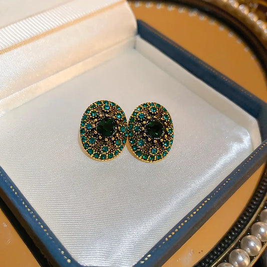 Green Zircon Flower Geometric Earrings Versatile Luxury Sensation French Vintage Style Four-sided Oval Shaped Women's Jewelry