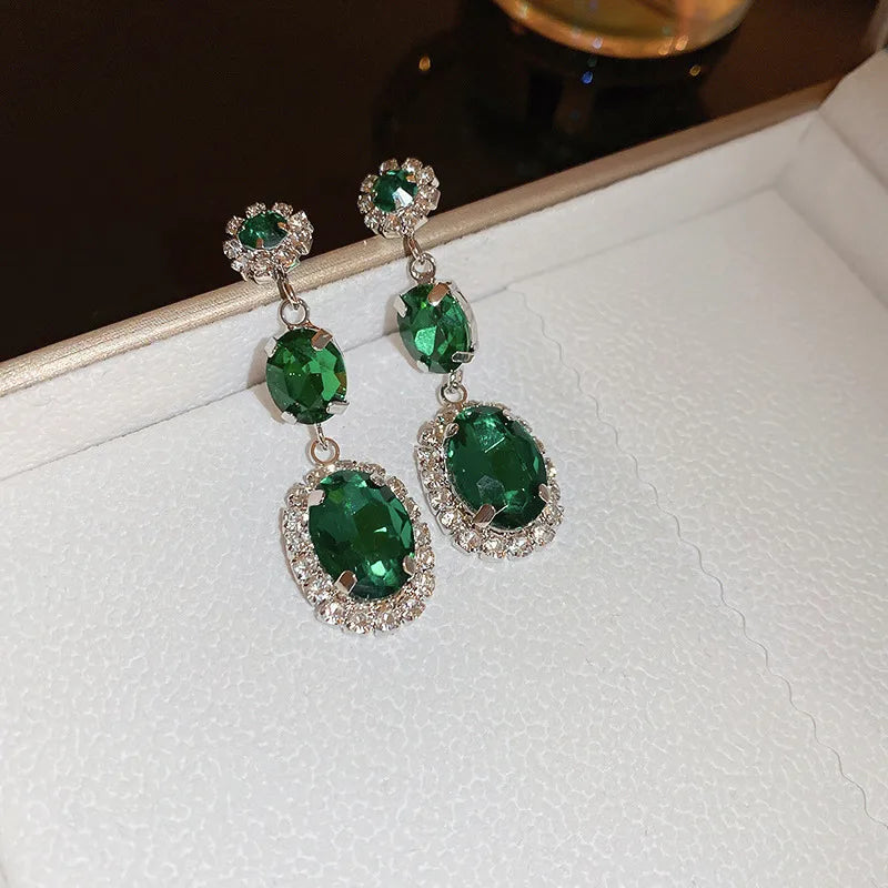 Green Zircon Flower Geometric Earrings Versatile Luxury Sensation French Vintage Style Four-sided Oval Shaped Women's Jewelry