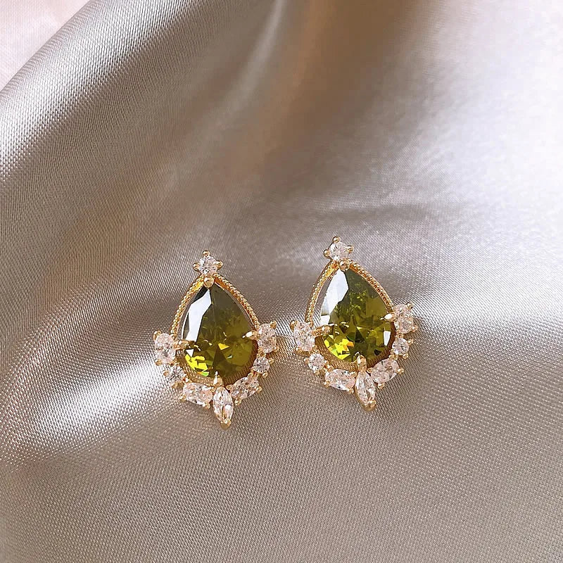 Green Zircon Flower Geometric Earrings Versatile Luxury Sensation French Vintage Style Four-sided Oval Shaped Women's Jewelry