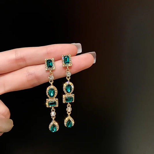 Green Zircon Flower Geometric Earrings Versatile Luxury Sensation French Vintage Style Four-sided Oval Shaped Women's Jewelry