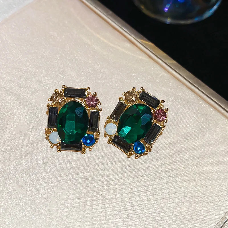 Green Zircon Flower Geometric Earrings Versatile Luxury Sensation French Vintage Style Four-sided Oval Shaped Women's Jewelry