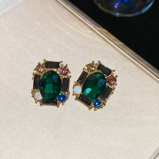 Green Zircon Flower Geometric Earrings Versatile Luxury Sensation French Vintage Style Four-sided Oval Shaped Women's Jewelry