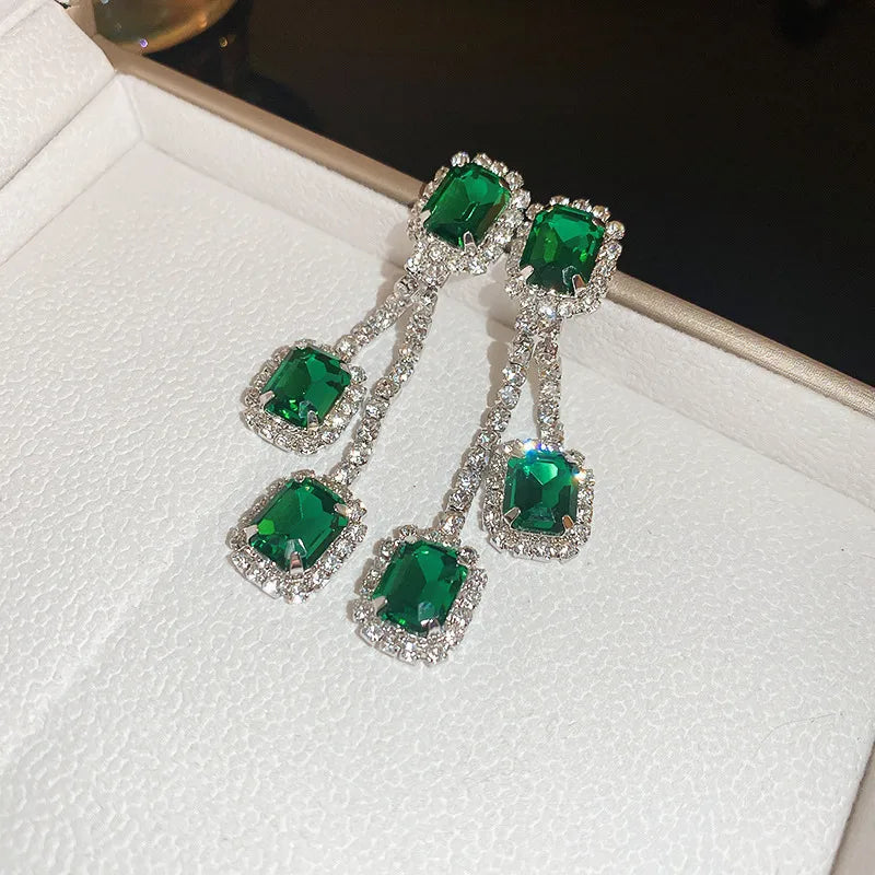 Green Zircon Flower Geometric Earrings Versatile Luxury Sensation French Vintage Style Four-sided Oval Shaped Women's Jewelry