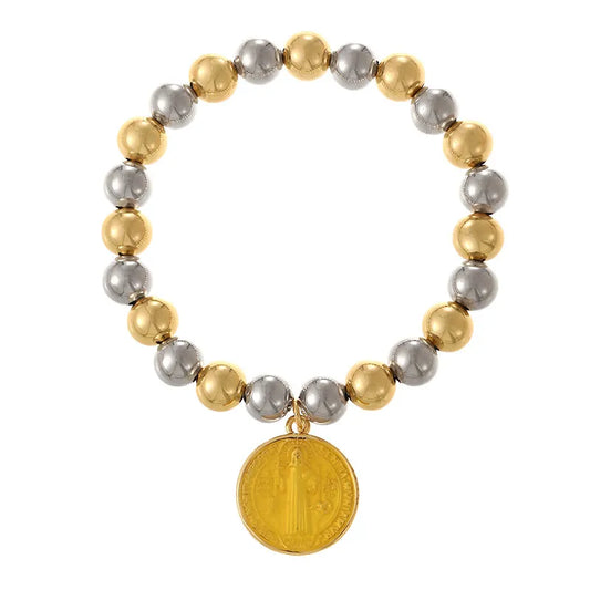 Handmade Coin Pendant Bracelet Set Multiple Layers Elastic Beads Doll And Insect Pattern Simple Style For Women Copper Alloy