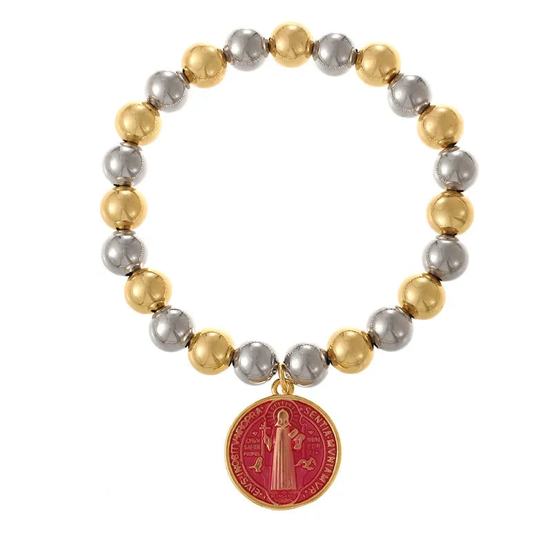 Handmade Coin Pendant Bracelet Set Multiple Layers Elastic Beads Doll And Insect Pattern Simple Style For Women Copper Alloy