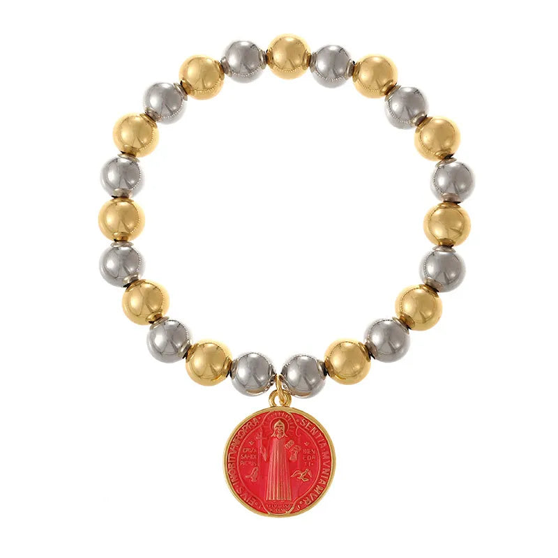 Handmade Coin Pendant Bracelet Set Multiple Layers Elastic Beads Doll And Insect Pattern Simple Style For Women Copper Alloy