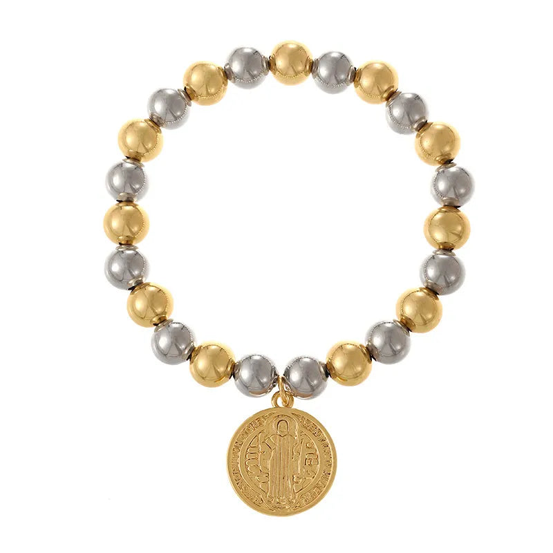 Handmade Coin Pendant Bracelet Set Multiple Layers Elastic Beads Doll And Insect Pattern Simple Style For Women Copper Alloy