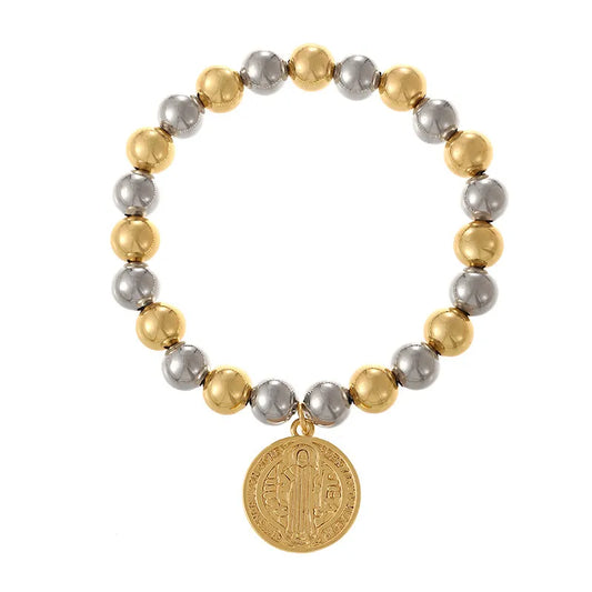 Handmade Coin Pendant Bracelet Set Multiple Layers Elastic Beads Doll And Insect Pattern Simple Style For Women Copper Alloy