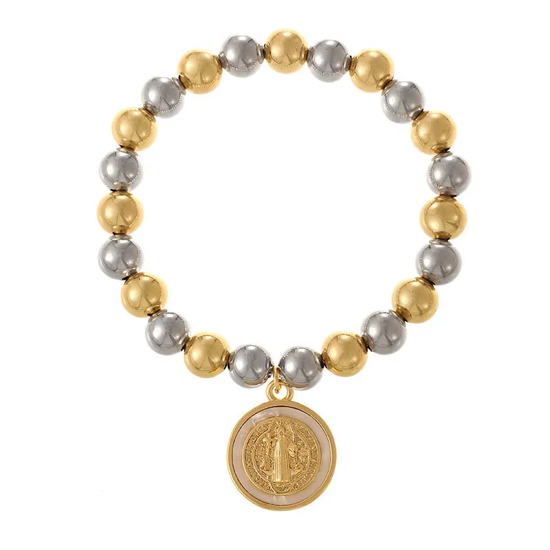 Handmade Coin Pendant Bracelet Set Multiple Layers Elastic Beads Doll And Insect Pattern Simple Style For Women Copper Alloy