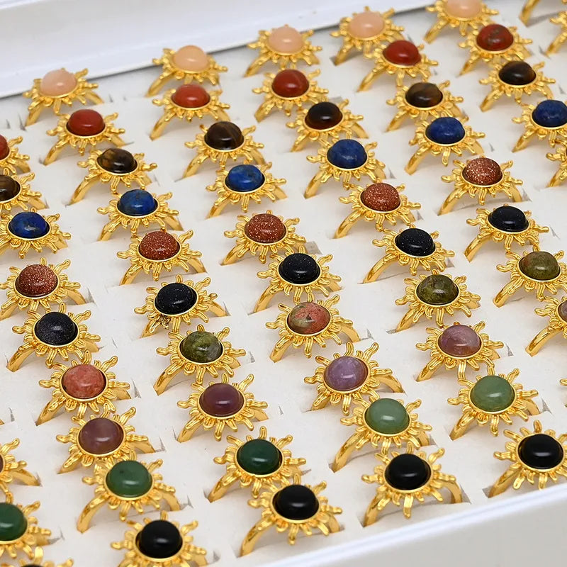 Handmade DIY Sun Ring Jewelry Accessories Red Stone Tiger Eye Crystal Green Dongling Apatite Black Obsidian Blue Sandstone Flower Greenstone Gold Sand Purple Crystal