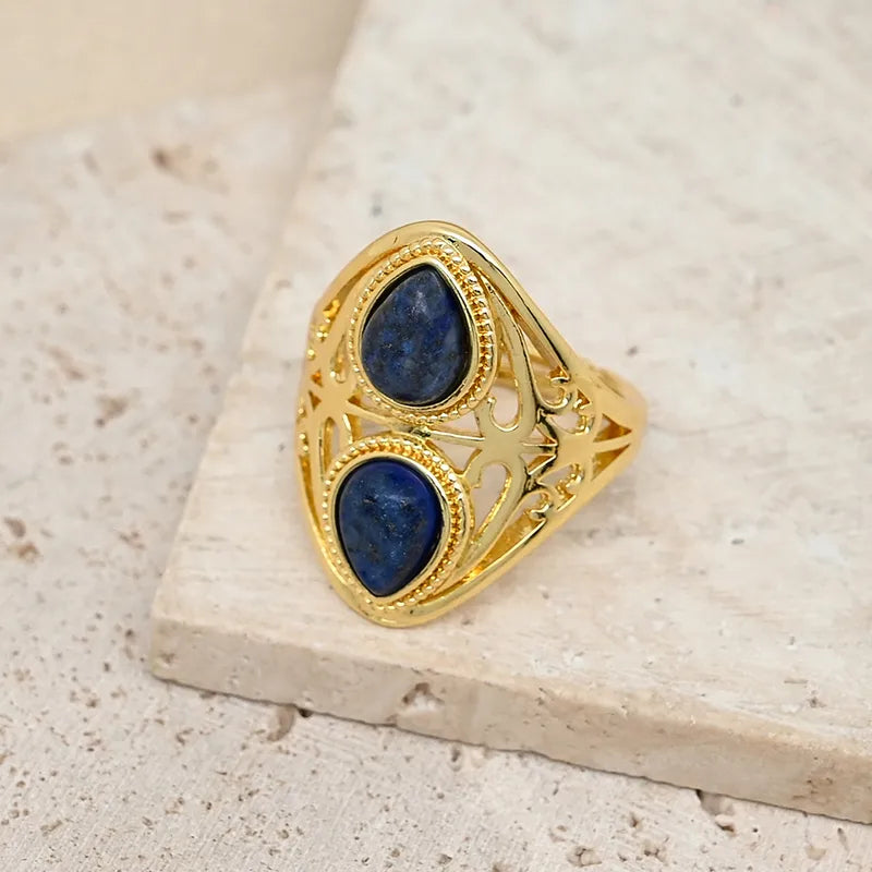 Handmade Double Waterdrop Shaped Ring Jewelry Accessories Gold Plated Crystal Blue Patterned Agate Tiger Eye Stone Lapis Lazuli Quartz Blue Sandstone For Men And Women