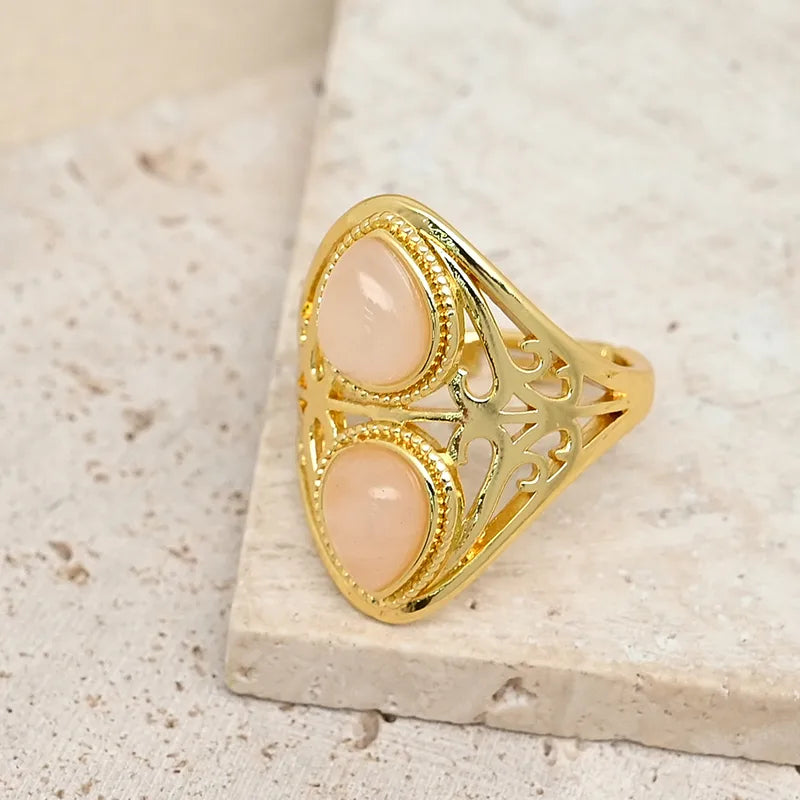 Handmade Double Waterdrop Shaped Ring Jewelry Accessories Gold Plated Crystal Blue Patterned Agate Tiger Eye Stone Lapis Lazuli Quartz Blue Sandstone For Men And Women