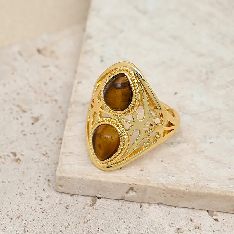 Handmade Double Waterdrop Shaped Ring Jewelry Accessories Gold Plated Crystal Blue Patterned Agate Tiger Eye Stone Lapis Lazuli Quartz Blue Sandstone For Men And Women