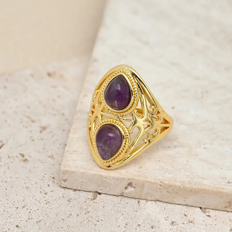 Handmade Double Waterdrop Shaped Ring Jewelry Accessories Gold Plated Crystal Blue Patterned Agate Tiger Eye Stone Lapis Lazuli Quartz Blue Sandstone For Men And Women