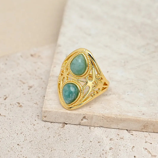 Handmade Double Waterdrop Shaped Ring Jewelry Accessories Gold Plated Crystal Blue Patterned Agate Tiger Eye Stone Lapis Lazuli Quartz Blue Sandstone For Men And Women