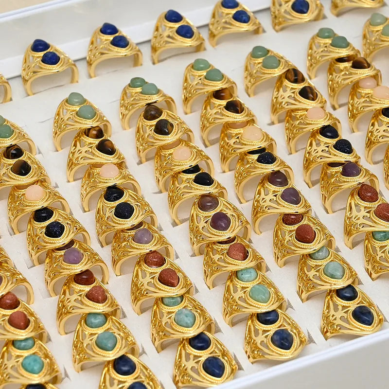 Handmade Double Waterdrop Shaped Ring Jewelry Accessories Gold Plated Crystal Blue Patterned Agate Tiger Eye Stone Lapis Lazuli Quartz Blue Sandstone For Men And Women