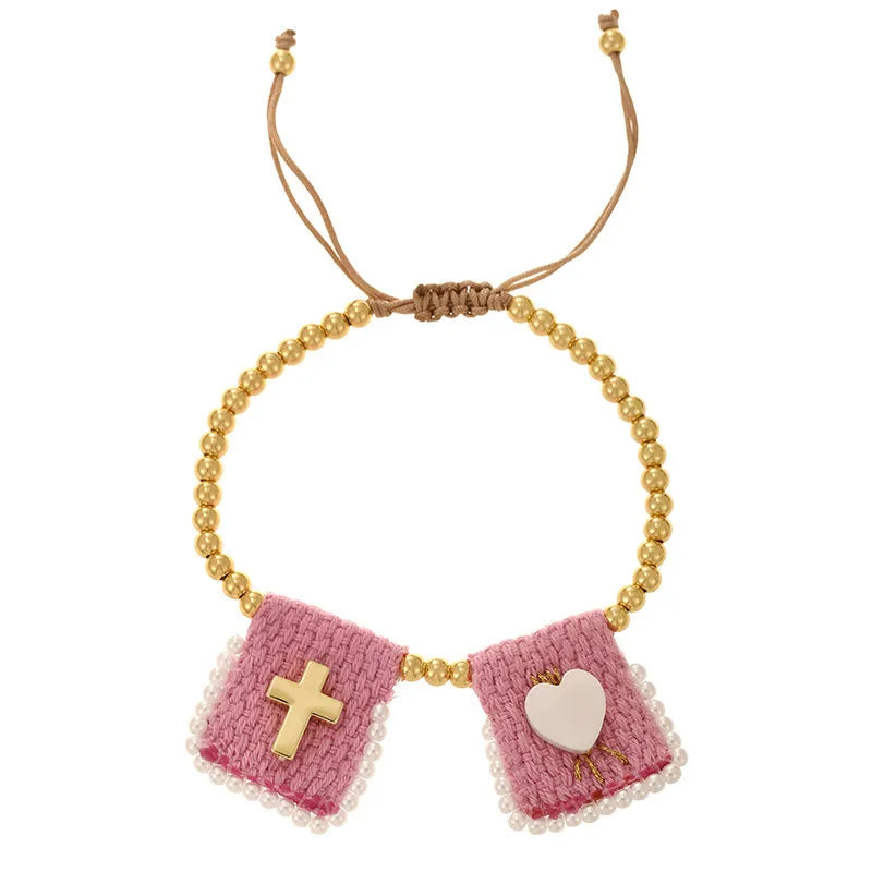 Handmade Religious Mary Cloth Belt Bracelet Steel Beads Jewelry Unisex Geometric Heart Pattern Cross Design Fashion Accessories