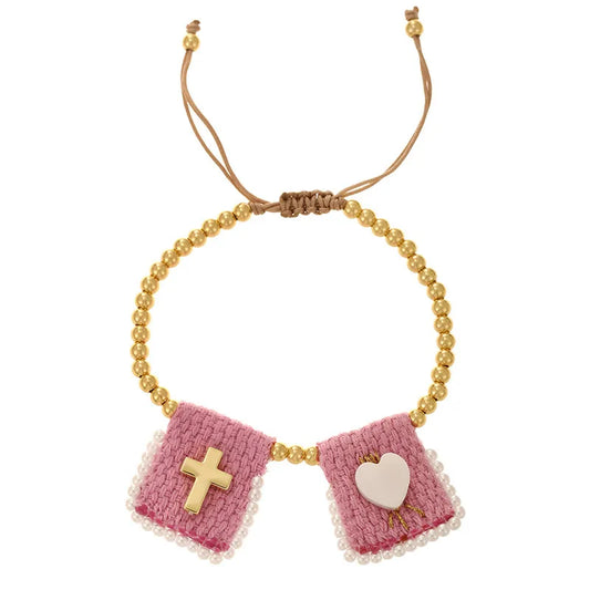 Handmade Religious Mary Cloth Belt Bracelet Steel Beads Jewelry Unisex Geometric Heart Pattern Cross Design Fashion Accessories