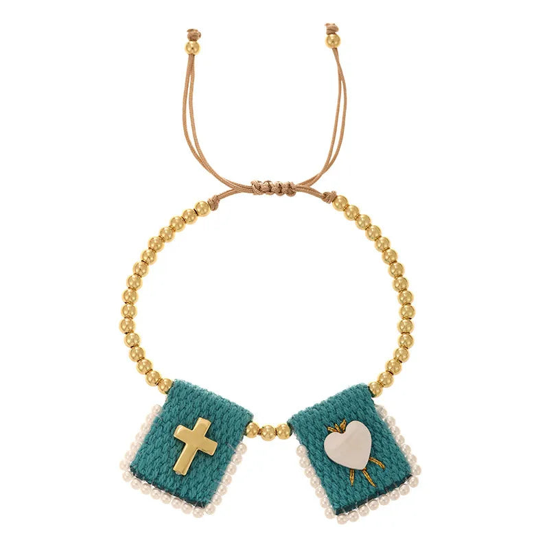 Handmade Religious Mary Cloth Belt Bracelet Steel Beads Jewelry Unisex Geometric Heart Pattern Cross Design Fashion Accessories