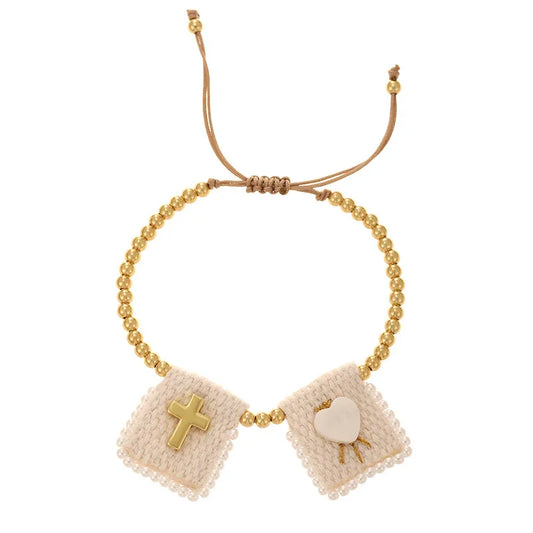 Handmade Religious Mary Cloth Belt Bracelet Steel Beads Jewelry Unisex Geometric Heart Pattern Cross Design Fashion Accessories