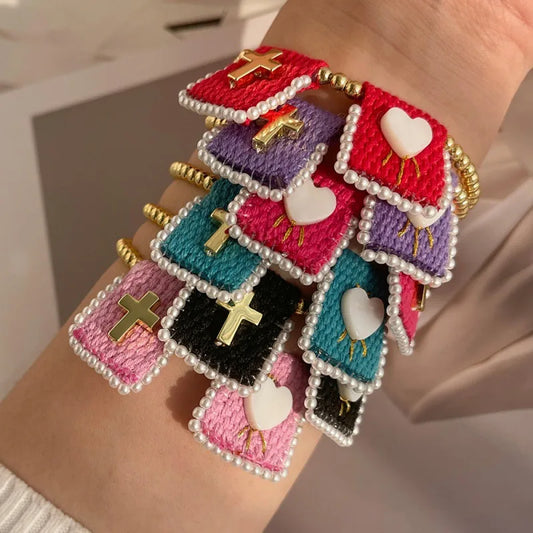 Handmade Religious Mary Cloth Belt Bracelet Steel Beads Jewelry Unisex Geometric Heart Pattern Cross Design Fashion Accessories