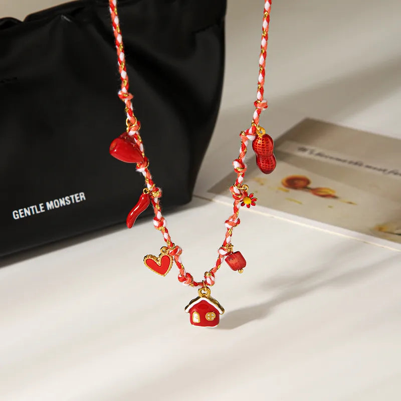 Heart House Chili Pendant Stainless Steel Oil Drop Plastic Pendant Handmade Pure Rope Braided Necklace Women DIY Collarbone Chain