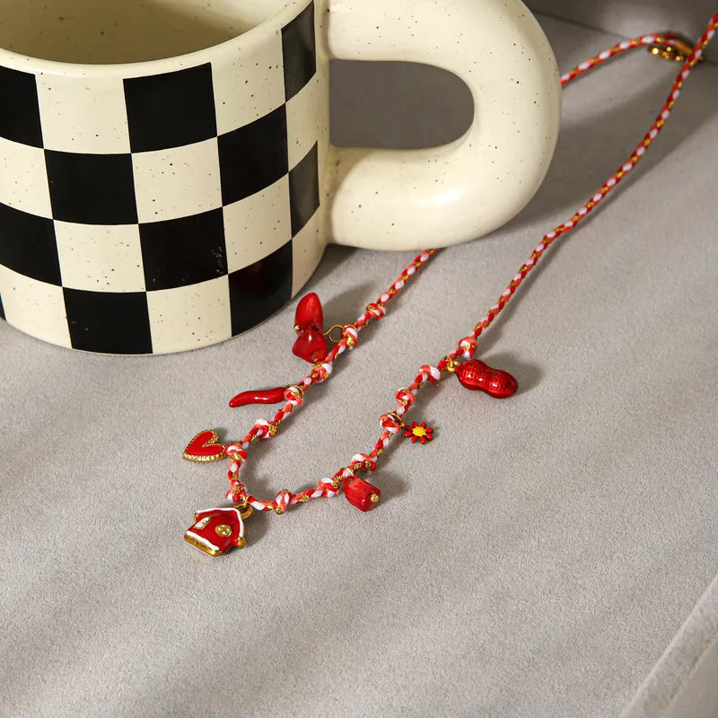 Heart House Chili Pendant Stainless Steel Oil Drop Plastic Pendant Handmade Pure Rope Braided Necklace Women DIY Collarbone Chain