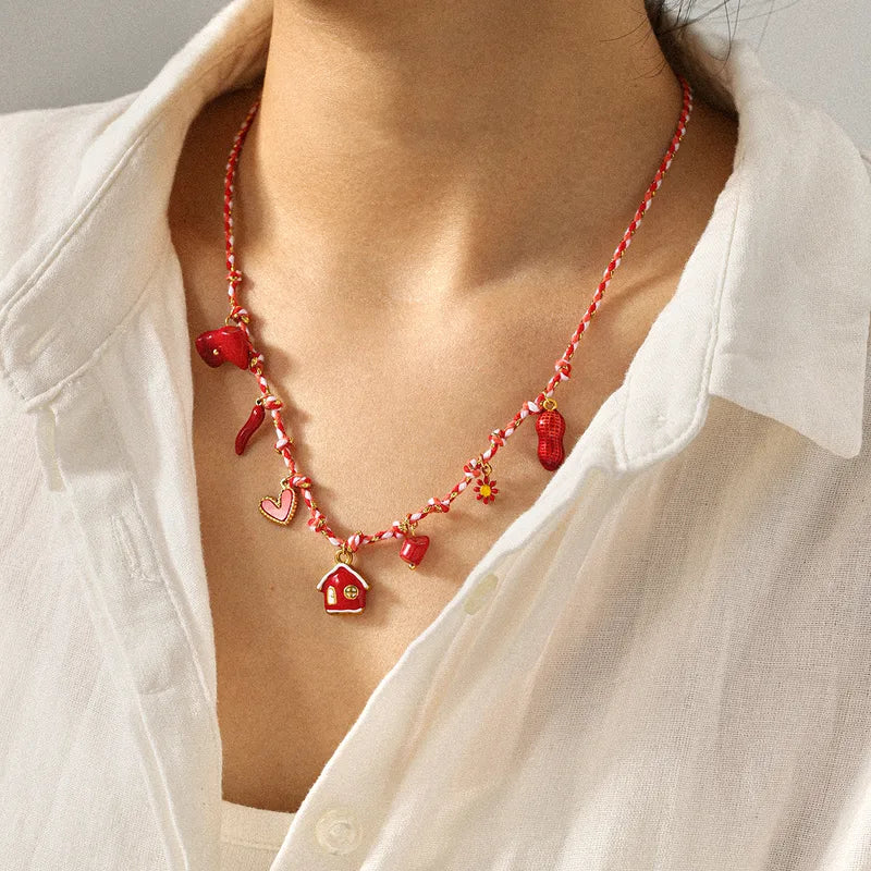 Heart House Chili Pendant Stainless Steel Oil Drop Plastic Pendant Handmade Pure Rope Braided Necklace Women DIY Collarbone Chain