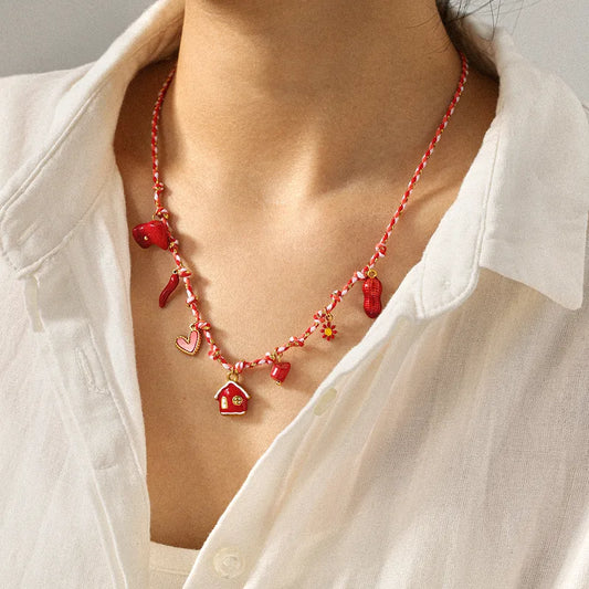 Heart House Chili Pendant Stainless Steel Oil Drop Plastic Pendant Handmade Pure Rope Braided Necklace Women DIY Collarbone Chain