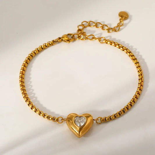 Heart-Shaped Vacuum Electroplating (In Furnace) 18K Real Gold Plated 304 Stainless Steel Zircon Lobster Clasp Box Chain/Square Pearl Chain Bracelet For Women