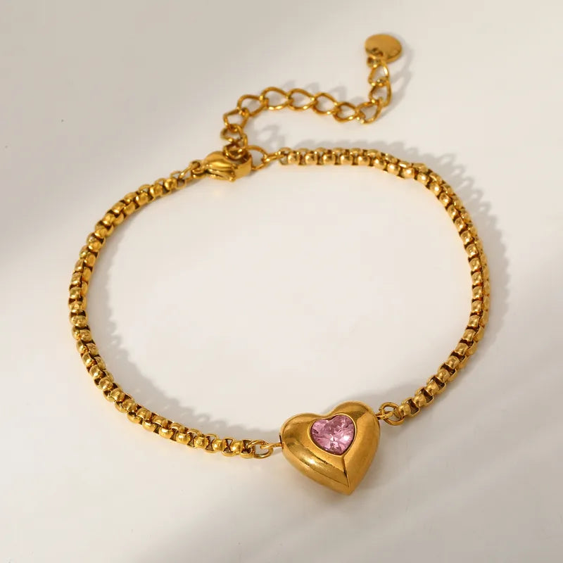 Heart-Shaped Vacuum Electroplating (In Furnace) 18K Real Gold Plated 304 Stainless Steel Zircon Lobster Clasp Box Chain/Square Pearl Chain Bracelet For Women