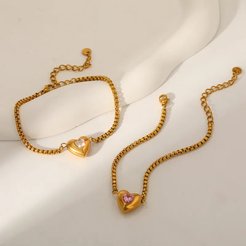 Heart-Shaped Vacuum Electroplating (In Furnace) 18K Real Gold Plated 304 Stainless Steel Zircon Lobster Clasp Box Chain/Square Pearl Chain Bracelet For Women