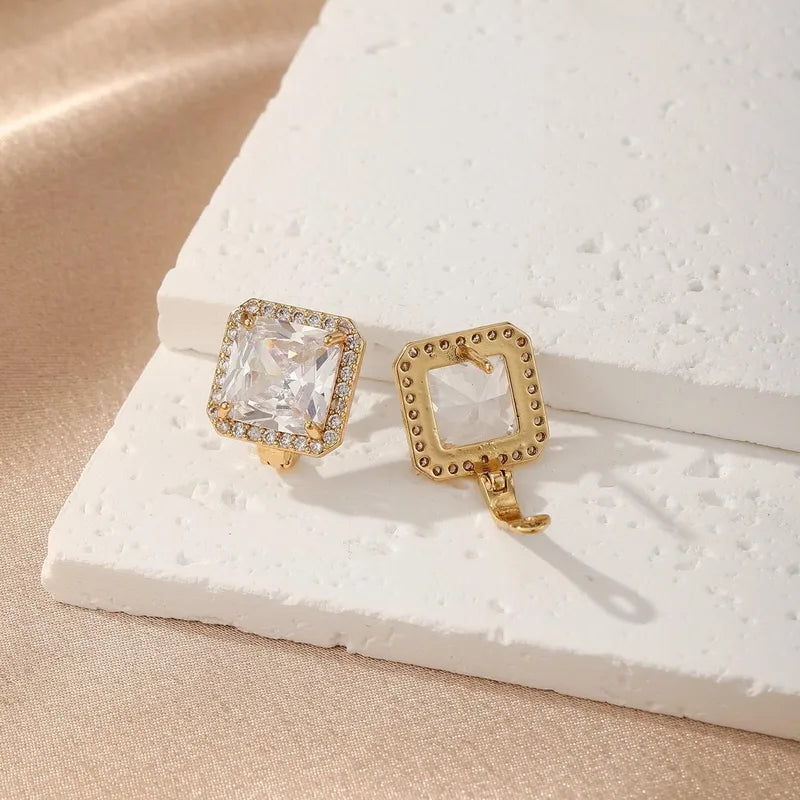 High-End Imitation Diamond Small Square Earrings Fashion Women's Earrings Ear Jewelry Ear Clips In Stock Fast Delivery 316 Stainless Steel 18K Gold Plated