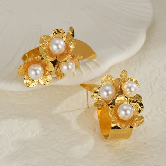 High Polished Gold Plated Stainless Steel Pearl Earrings Women's Floral Pearl Earrings