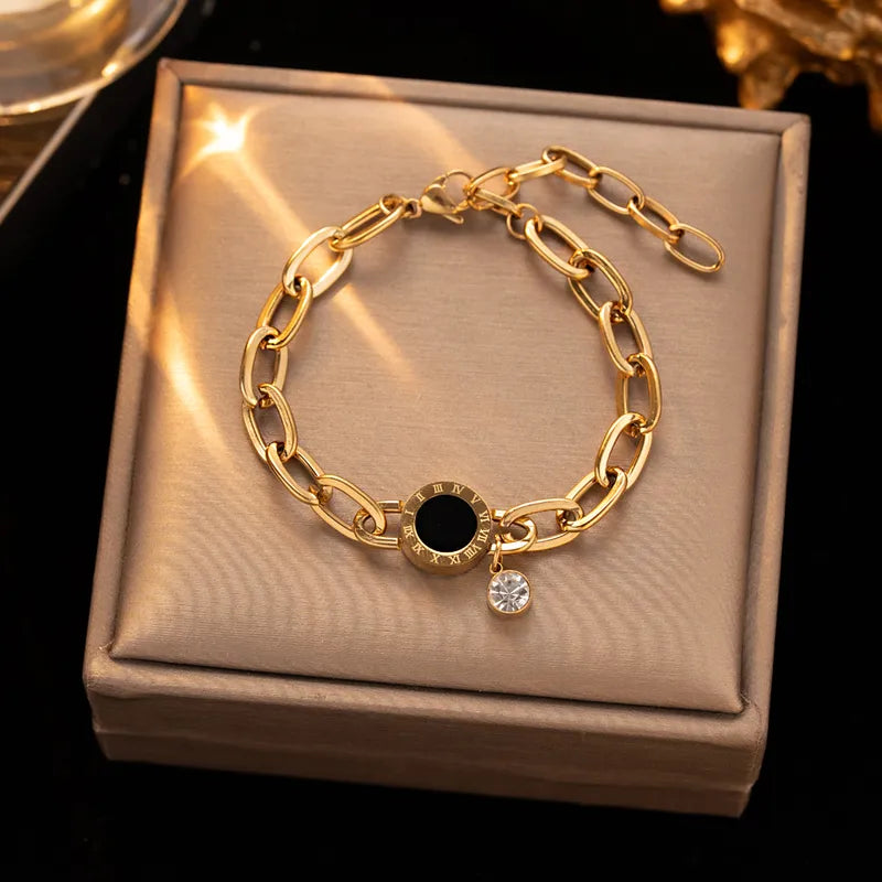 High Quality Stainless Steel Roman Numeral Bracelet Single Diamond Vacuum Plated Versatile Elegant Luxury Fashion Jewelry Accessory