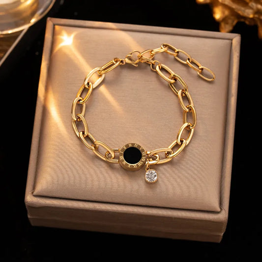 High Quality Stainless Steel Roman Numeral Bracelet Single Diamond Vacuum Plated Versatile Elegant Luxury Fashion Jewelry Accessory