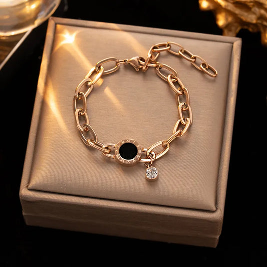 High Quality Stainless Steel Roman Numeral Bracelet Single Diamond Vacuum Plated Versatile Elegant Luxury Fashion Jewelry Accessory