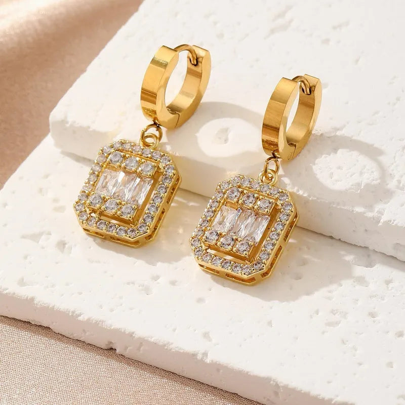 Hot Fashion Light Luxury Square Style Inlaid Zircon High-End Electroplating Craft 316 Stainless Steel Copper Earrings In Stock