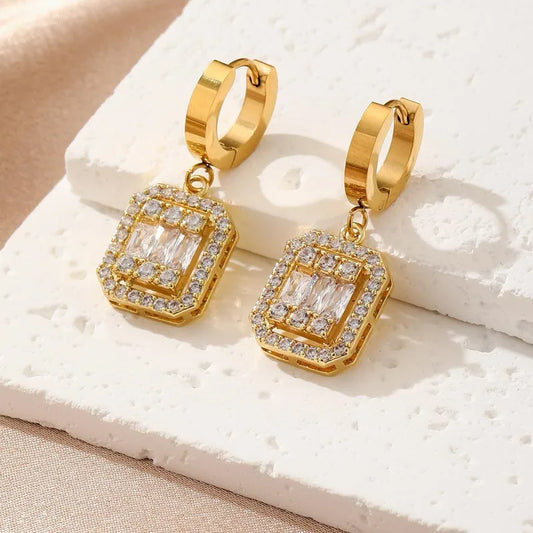 Hot Fashion Light Luxury Square Style Inlaid Zircon High-End Electroplating Craft 316 Stainless Steel Copper Earrings In Stock