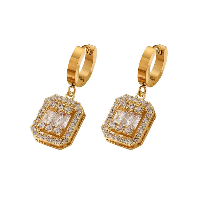 Hot Fashion Light Luxury Square Style Inlaid Zircon High-End Electroplating Craft 316 Stainless Steel Copper Earrings In Stock