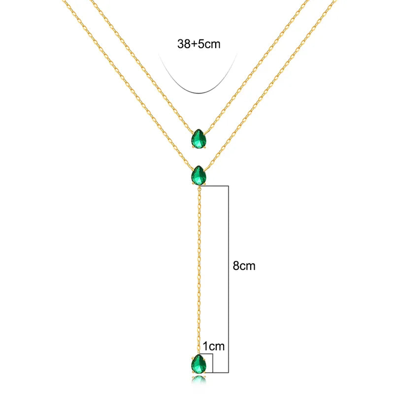 Hot Sale Double Layer Water Drop Emerald Y-Shaped Necklace Sweater Chain Retro French Light Luxury Niche Collarbone Chain Electroplated 18K Gold