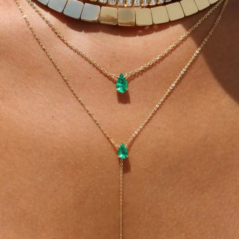Hot Sale Double Layer Water Drop Emerald Y-Shaped Necklace Sweater Chain Retro French Light Luxury Niche Collarbone Chain Electroplated 18K Gold