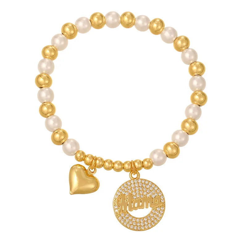 Hot Selling Geometric Heart Pendant Letter MAMA Gift Color Zircon Round Bead Bracelet For Women Personalized Copper Alloy