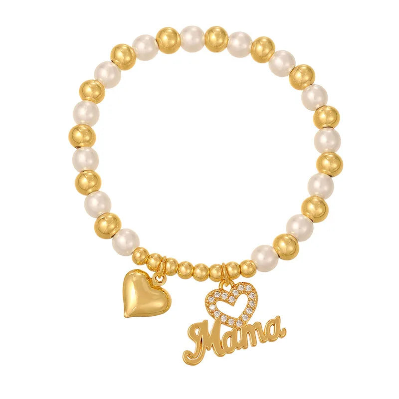 Hot Selling Geometric Heart Pendant Letter MAMA Gift Color Zircon Round Bead Bracelet For Women Personalized Copper Alloy