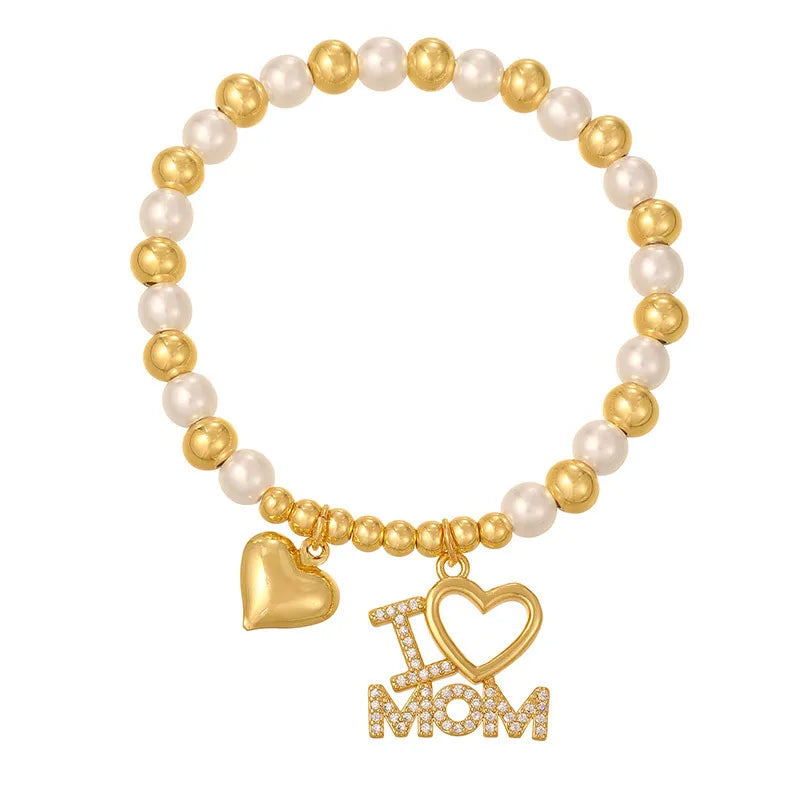 Hot Selling Geometric Heart Pendant Letter MAMA Gift Color Zircon Round Bead Bracelet For Women Personalized Copper Alloy