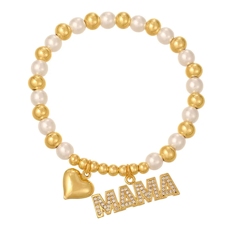 Hot Selling Geometric Heart Pendant Letter MAMA Gift Color Zircon Round Bead Bracelet For Women Personalized Copper Alloy