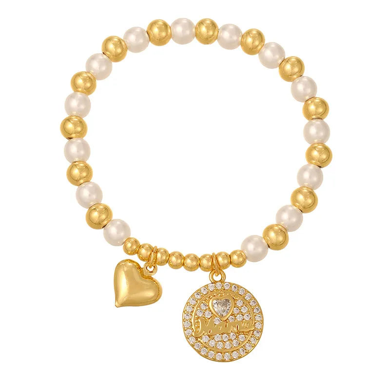 Hot Selling Geometric Heart Pendant Letter MAMA Gift Color Zircon Round Bead Bracelet For Women Personalized Copper Alloy