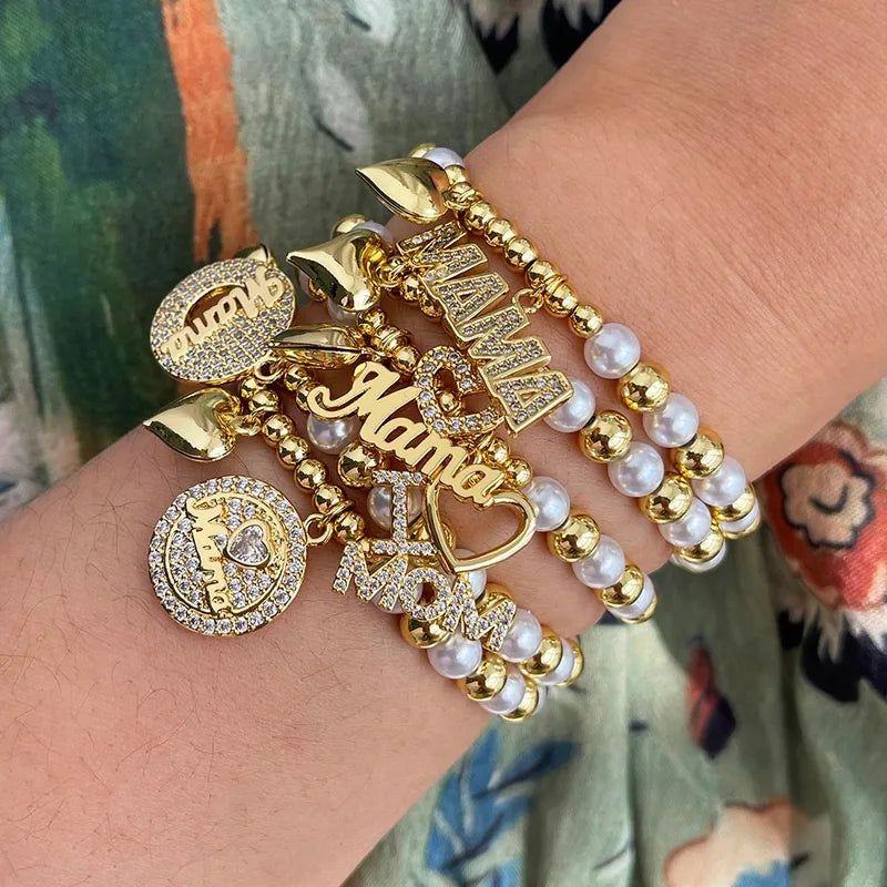 Hot Selling Geometric Heart Pendant Letter MAMA Gift Color Zircon Round Bead Bracelet For Women Personalized Copper Alloy